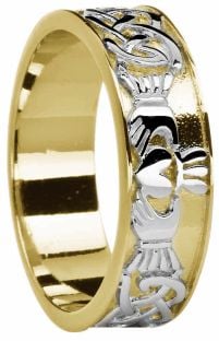 Mens Yellow & White Gold Celtic Claddagh Band Ring 