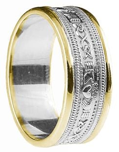 Ladies White & Yellow Gold Claddagh Celtic Wedding Band Ring 