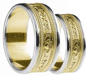 Yellow & White Gold Claddagh Celtic Wedding Band Ring Set
