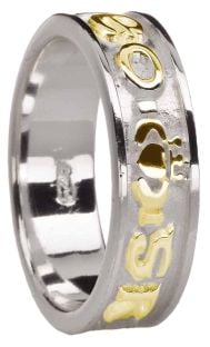 Ladies 14K White & Yellow Gold coated Silver "Love Forever" Claddagh Band Ring