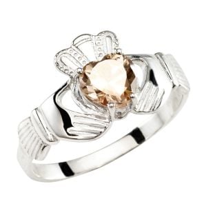 Ladies Champagne CZ Silver Claddagh Ring