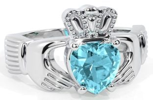 Ladies Aqumarine Silver Claddagh Ring - March Birthstone