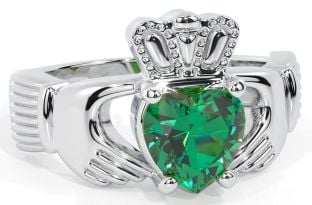 Ladies Emerald Silver Claddagh Ring - May Birthstone