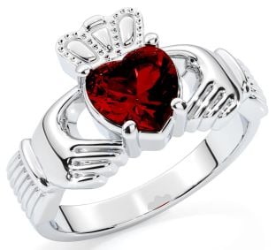 Ladies Garnet Silver Claddagh Ring - January Birthstone