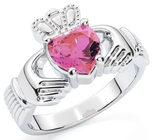 Ladies Pink Tourmaline Silver Claddagh Ring - October Birthstone