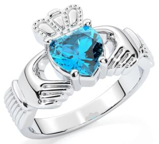 Ladies Blue Topaz Silver Claddagh Ring - December Birthstone