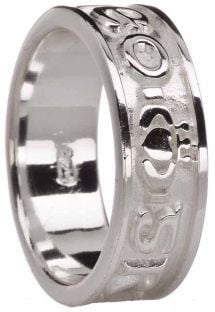 Mens White Gold  "Love Forever" Claddagh Wedding Band Ring