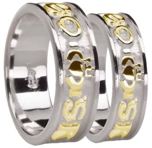 14K White & Yellow Gold coated Silver "Love Forever" Claddagh Band Ring Set