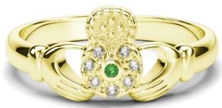 10K/14K/18K Gold Genuine Diamonds .035cts Genuine Emerald Claddagh Ring 