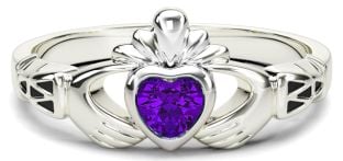 White Gold Alexandrite Claddagh Celtic Knot Ring - June Birthstone