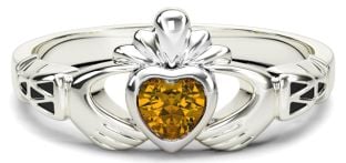 Ladies Citrine Silver Claddagh Celtic Knot Ring - November Birthstone