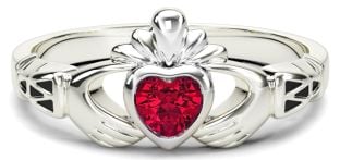 Ladies Garnet Silver Claddagh Celtic Knot Ring - January Birthstone