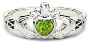 Ladies Peridot Silver Claddagh Celtic Knot Ring - August Birthstone