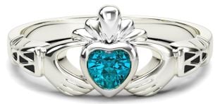 White Gold Topaz Claddagh Celtic Knot Ring - December Birthstone