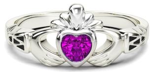 Ladies Pink Sapphire White Gold Claddagh Ring