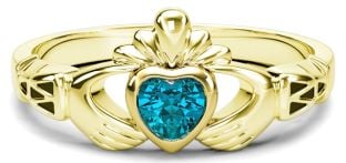 Gold Aquamarine Claddagh Celtic Knot Ring - March Birthstone