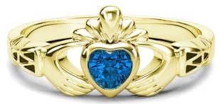 Ladies Blue Sapphire Gold Claddagh Ring