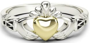 10K/14K/18K Claddagh two tone White & Yellow Gold Celtic Knot Ring 