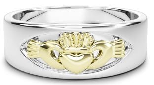 14K White & Yellow Gold coated Silver Claddagh Band Ring Unisex Mens Ladies