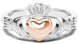 Classic Ladies Silver & Solid Rose Gold Heart Claddagh Ring