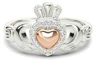 Ladies Diamond Silver Claddagh Ring