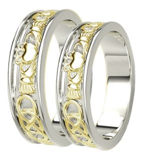 White & Yellow Gold Celtic Claddagh Band Ring Set