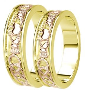 Yellow & Rose Gold Celtic Claddagh Band Ring Set