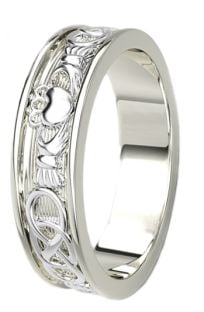 White Gold Celtic Claddagh Band Ring Ladies