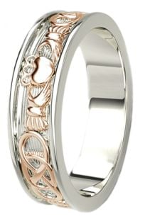 14K White & Rose Gold coated Silver Celtic Claddagh Band Ring Ladies