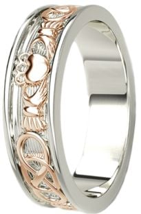 14K White & Rose Gold coated Silver Celtic Claddagh Mens Band Ring 