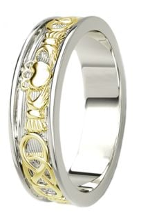 14K White & Yellow Gold coated Silver Celtic Claddagh Band Ring Ladies