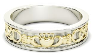 Anillo de oro blanco y amarillo con banda celta Claddagh para mujer
