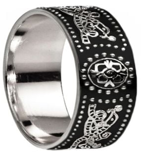 Celtic "Warrior" extra wide Mens Silver Black Rhodium Band Ring - 9mm width