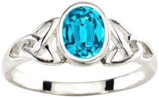 Ladies Aquamarine Silver Celtic Trinity Knot Ring - March Birthstone