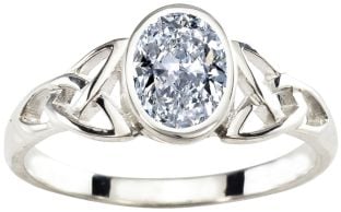 Ladies Diamond Silver Celtic Trinity Knot Ring - April Birthstone