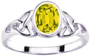 Ladies Yellow Sapphire Silver Celtic Trinity knot Ring - September Birthstone