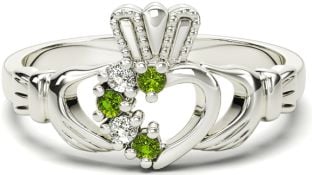 Ladies Peridot Diamond Silver Claddagh Ring - August Birthstone