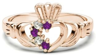 Rose Gold Natural Amethyst Diamond Claddagh Ring - February Birthstone