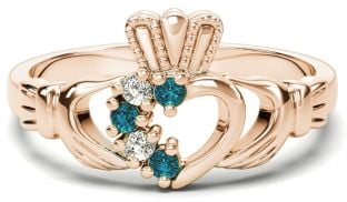 Rose Gold Natural Aquamarine Diamond Claddagh Ring - March Birthstone