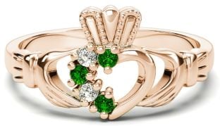 Rose Gold Natural Emerald Diamond Claddagh Ring - July Birthstone