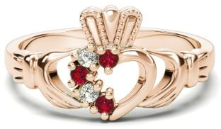 Rose Gold Natural Ruby Diamond Claddagh Ring - July Birthstone