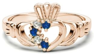 Rose Gold Natural Sapphire Diamond Claddagh Ring - September Birthstone