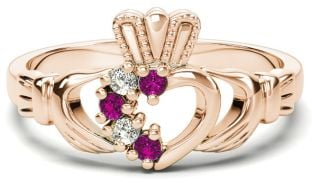 Rose Gold Natural Pink Sapphire Diamond Claddagh Ring - October Birthstone