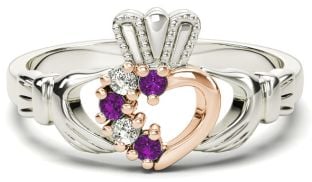 Silver & Solid Rose Gold Amethyst Diamond Claddagh Ring - February Birthstone