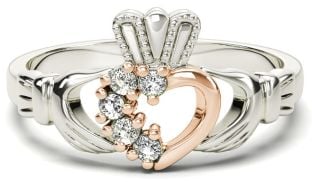 Silver & Solid Rose Gold Diamond Claddagh Ring - April Birthstone