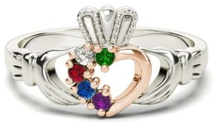 White & Rose Gold Mother's Birthstone Claddagh Ring 