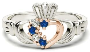 Silver & Solid Rose Gold Sapphire Diamond Claddagh Ring - September Birthstone