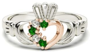 Silver & Solid Rose Gold Emerald Diamond Claddagh Ring - May Birthstone