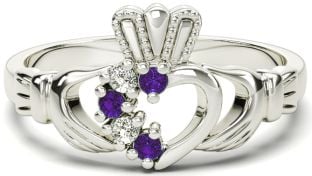 Ladies Alexandrite Diamond Silver Claddagh Ring - June Birthstone