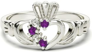 Ladies Amethyst Diamond Silver Claddagh Ring - February Birthstone